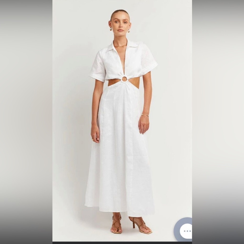 HALLOW WHITE LINEN RING MIDI DRESS-DISSH